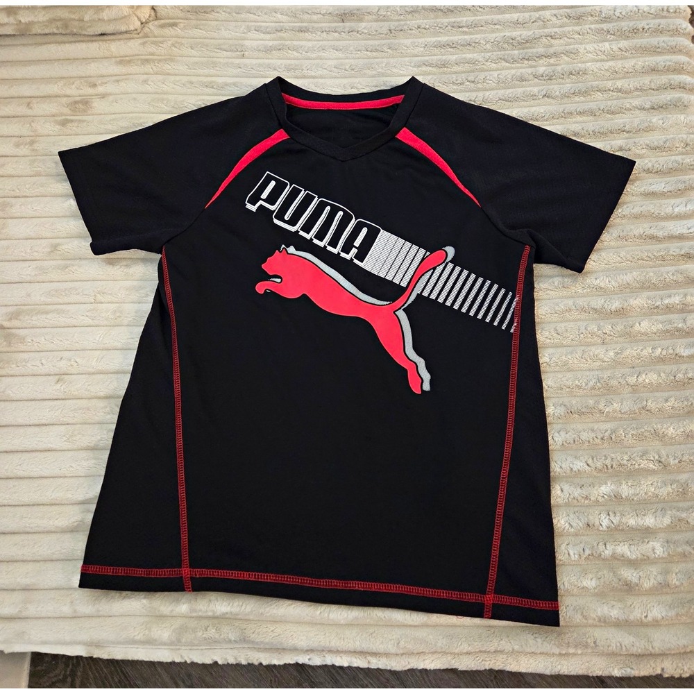 Puma Youth Graphic Athletic Shirt Boys Medium Black Red Short Sleeve Polyester